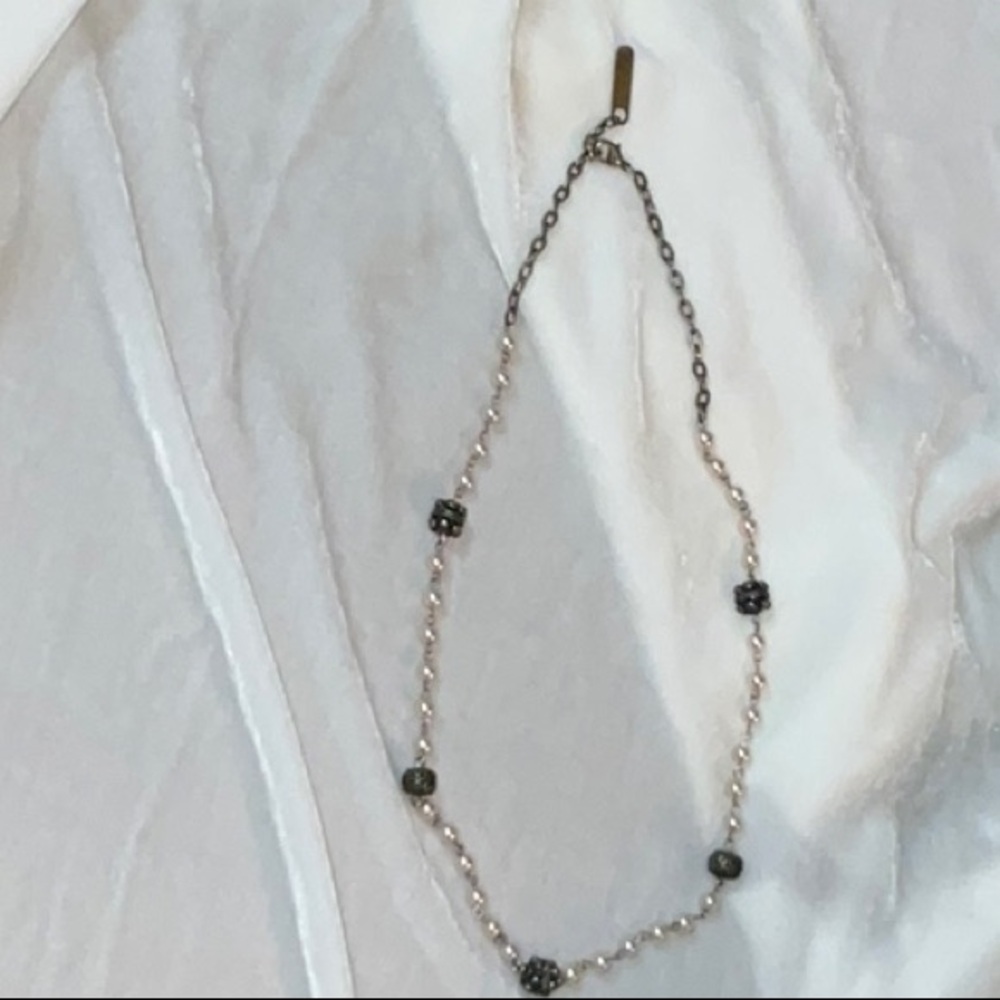 Perch Signed Necklace Faux Pearl With Dimensional Dark Silver Tone Beads